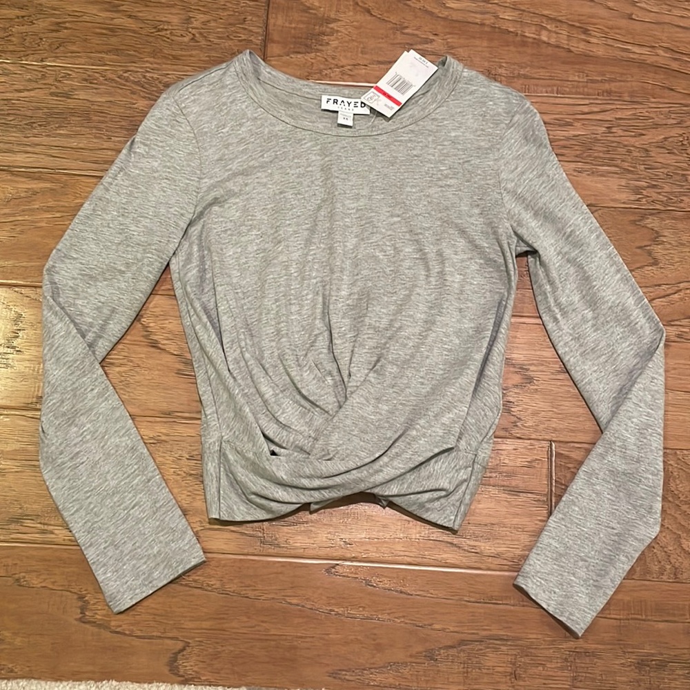 NWT Frayed Heather Gray Long Sleeve Twist Top